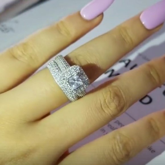 NEW 925 Sterling Silver Princess Halo Ring Set - Picture 3 of 10